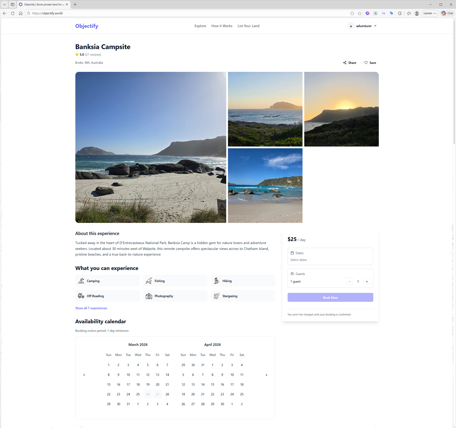 Objectify listing page showing a WA property with gallery, booking card and experiences
